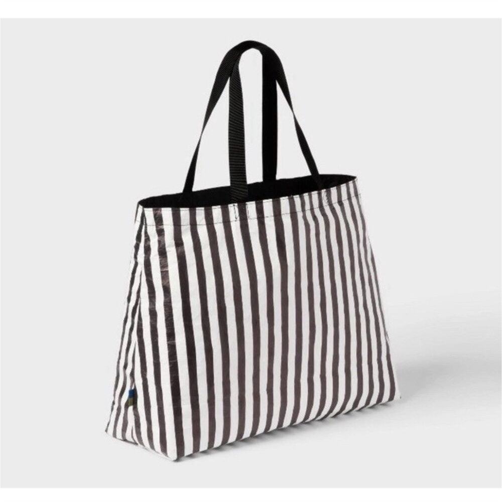 OPEN STORY Water-Resistant Reversible Striped Tote Bag Beach Theme Black White